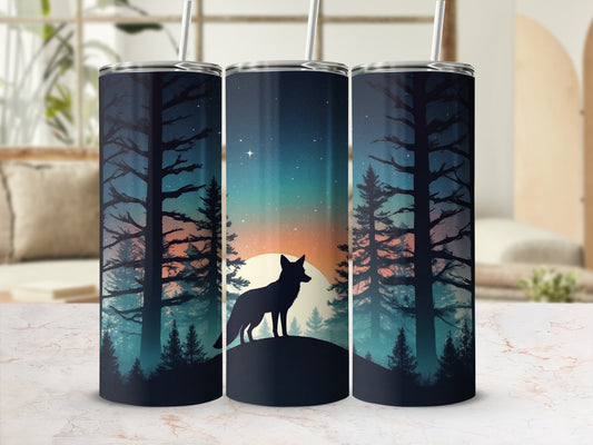 Silhouette of a fox standing against a starry night sky with pine trees.