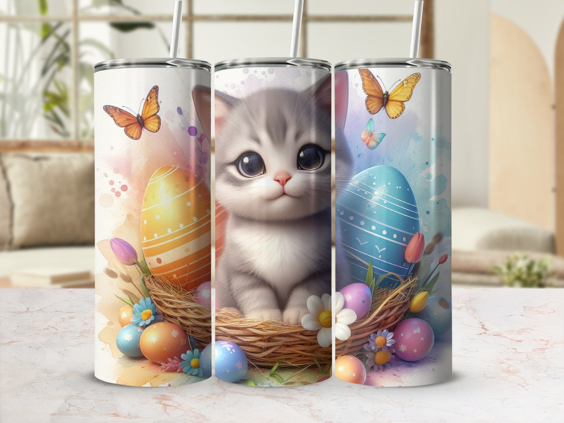 Cute kitten in a nest with Easter eggs and butterflies.
