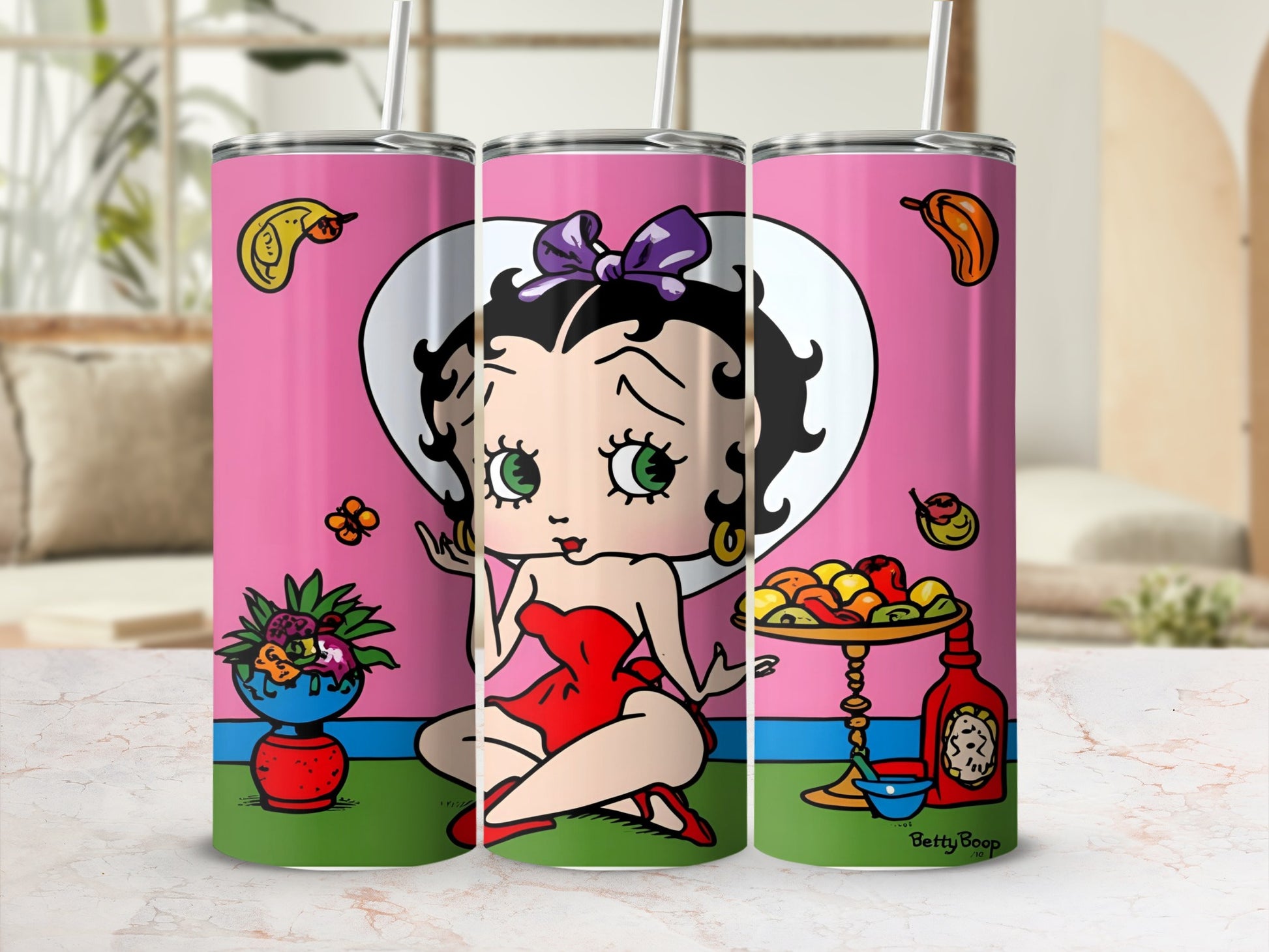 Betty Boop in red dress with fruit bowl and bottle on a pink background.