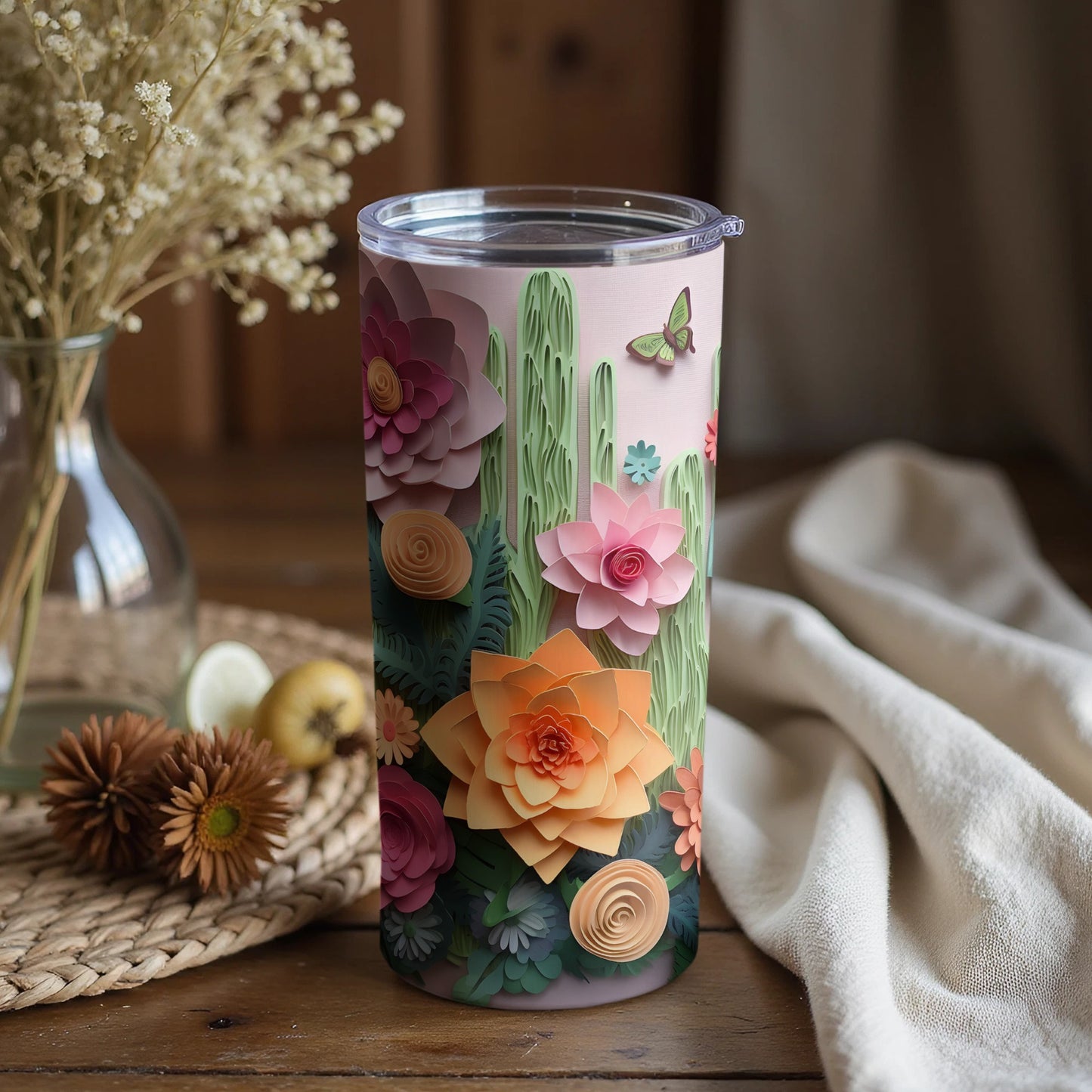 Floral Cactus Pattern Insulated Tumbler Cup