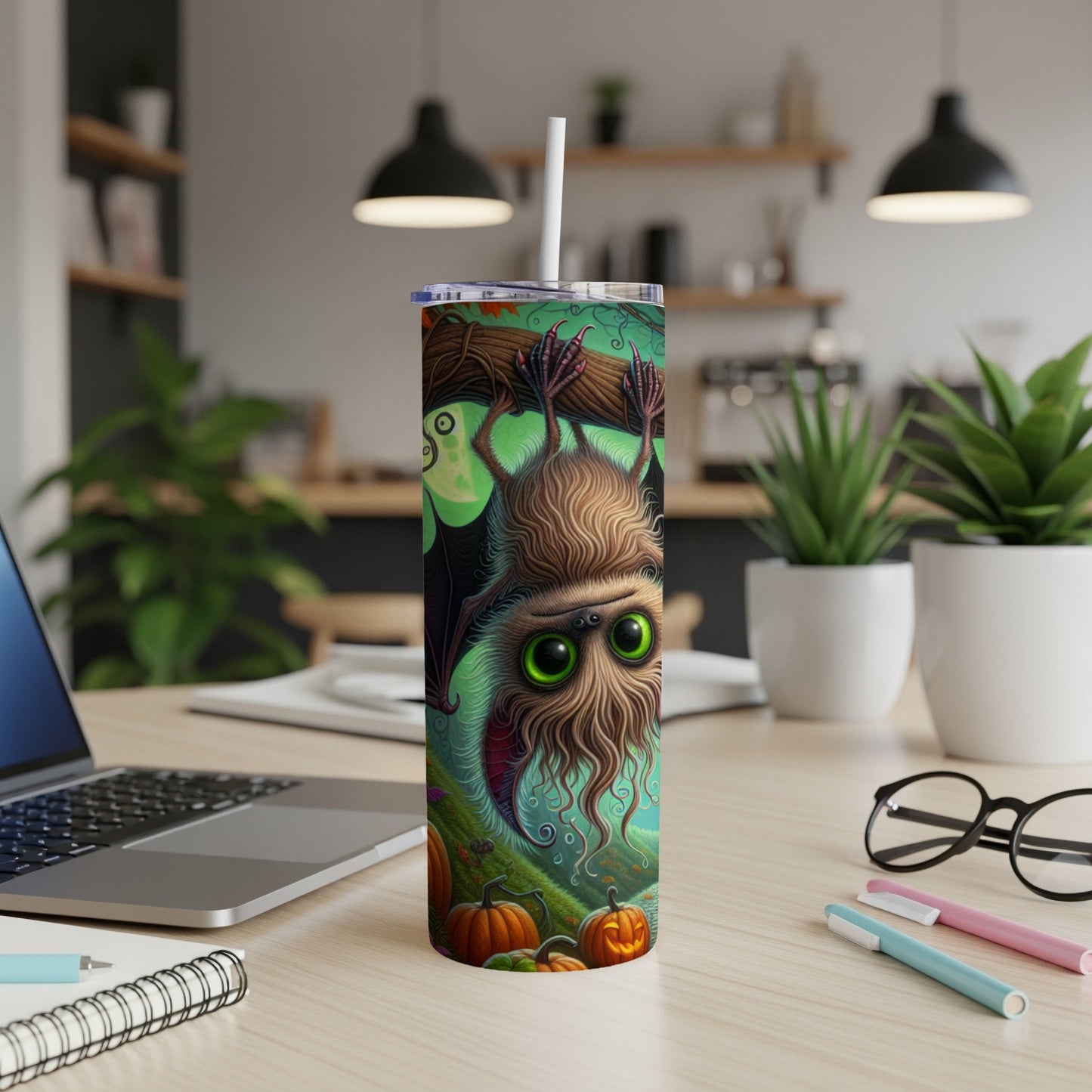 Tumbler with a furry bat hanging upside down, surrounded by pumpkins and Halloween motifs.