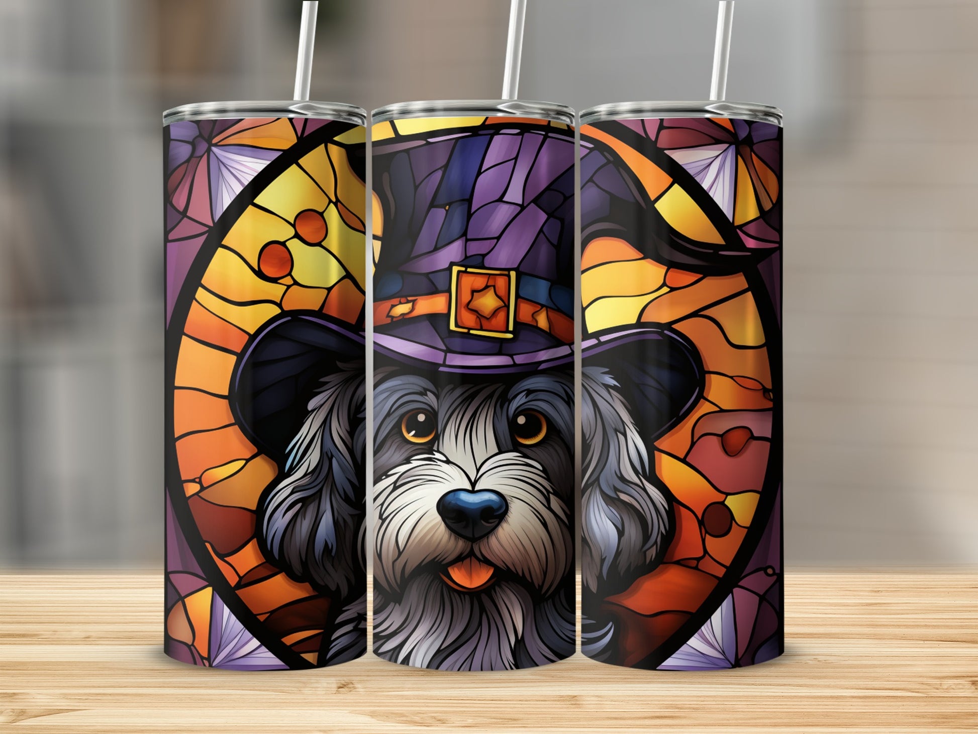 Black dog wearing a witch hat with stained glass Halloween background.