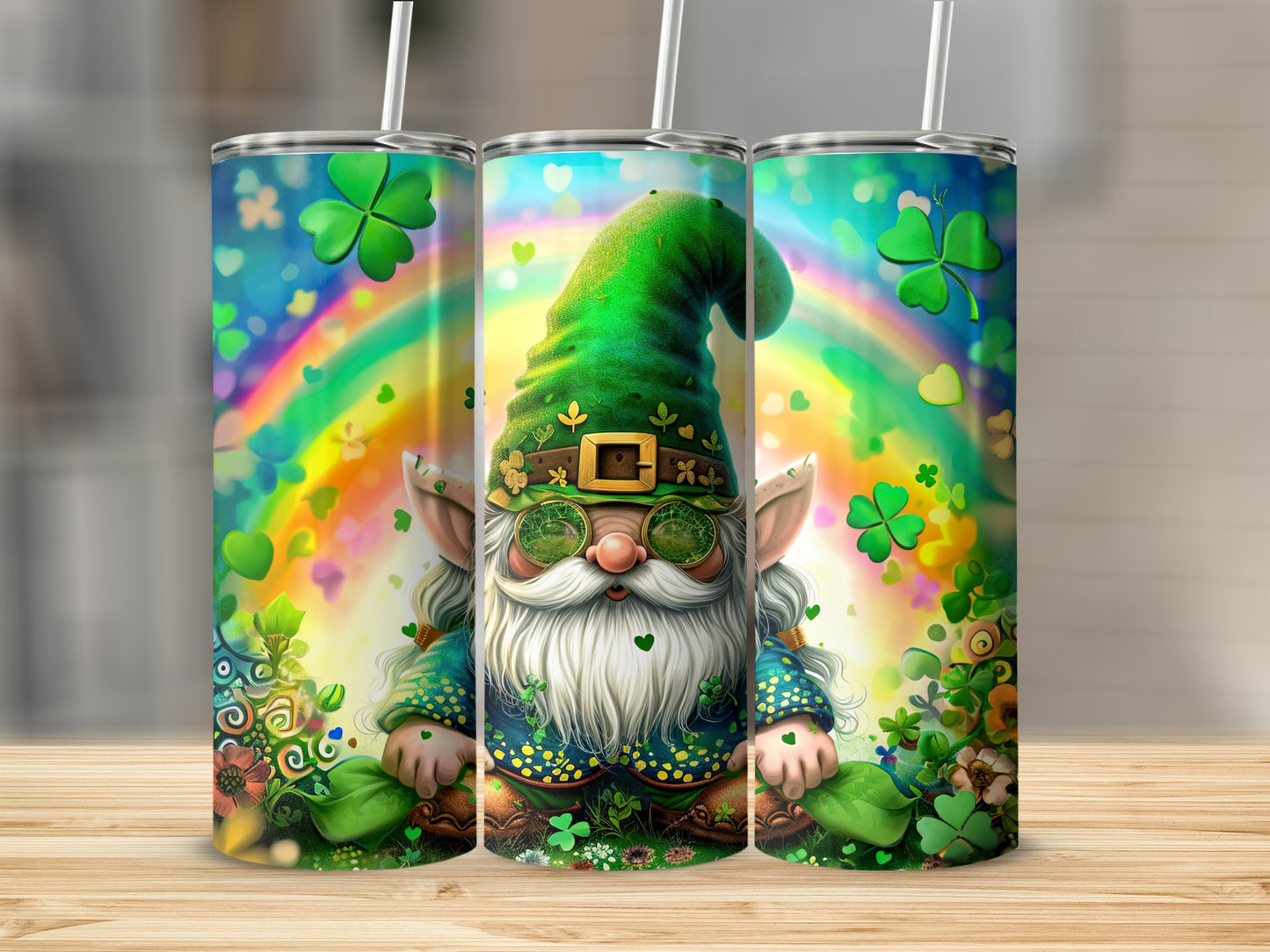 Gnome with glasses and a green hat on a rainbow background with shamrocks.