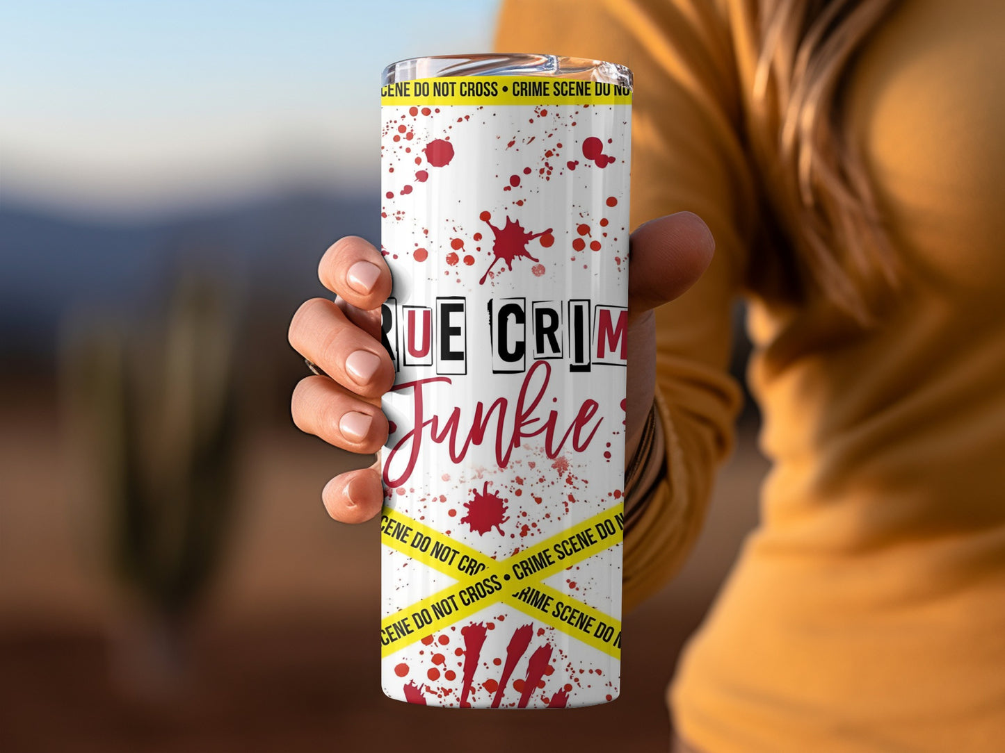 True Crime Junkie Travel Tumbler with Crime Scene Tape
