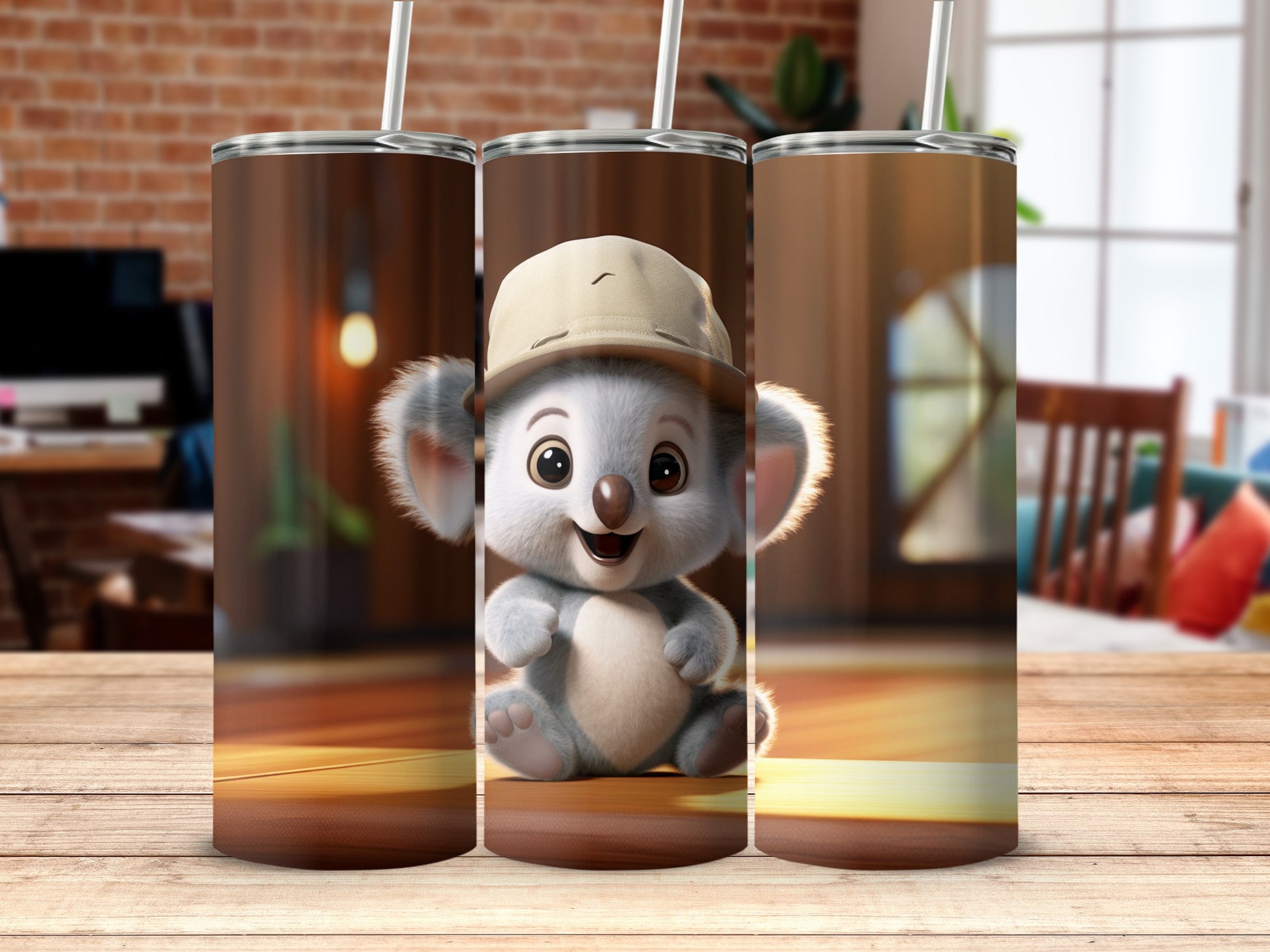 Cute Koala Design Tumbler with Hat Smiling Face Decor