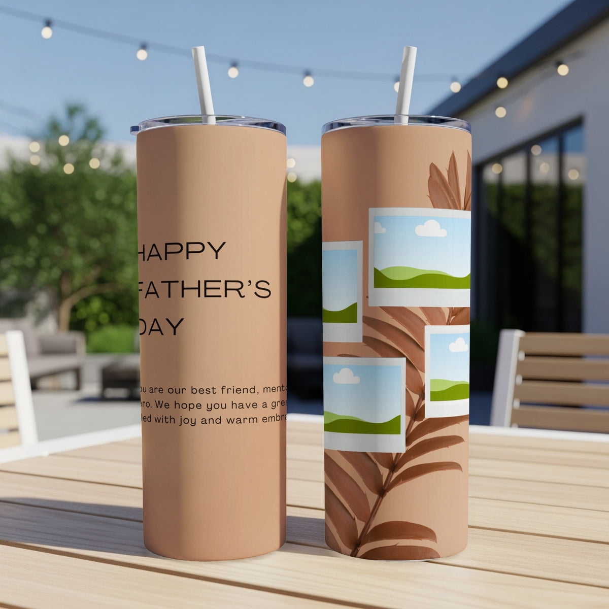 Two tumblers on a table, one with "Happy Father's Day" text.