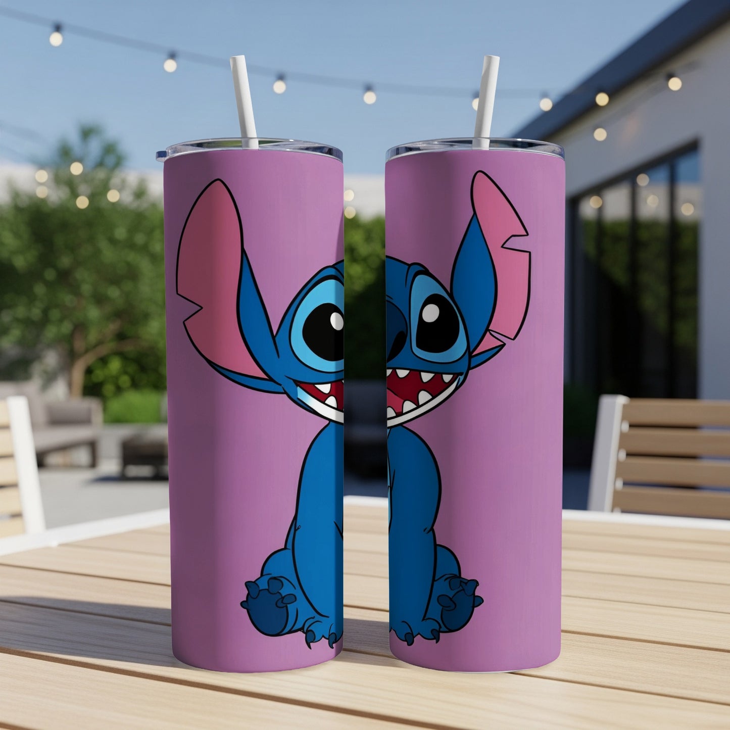 Two purple tumblers featuring Stitch from Lilo & Stitch on a patio table.