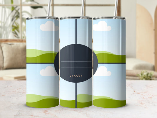 Three tumblers with a sky and rolling green hills design.