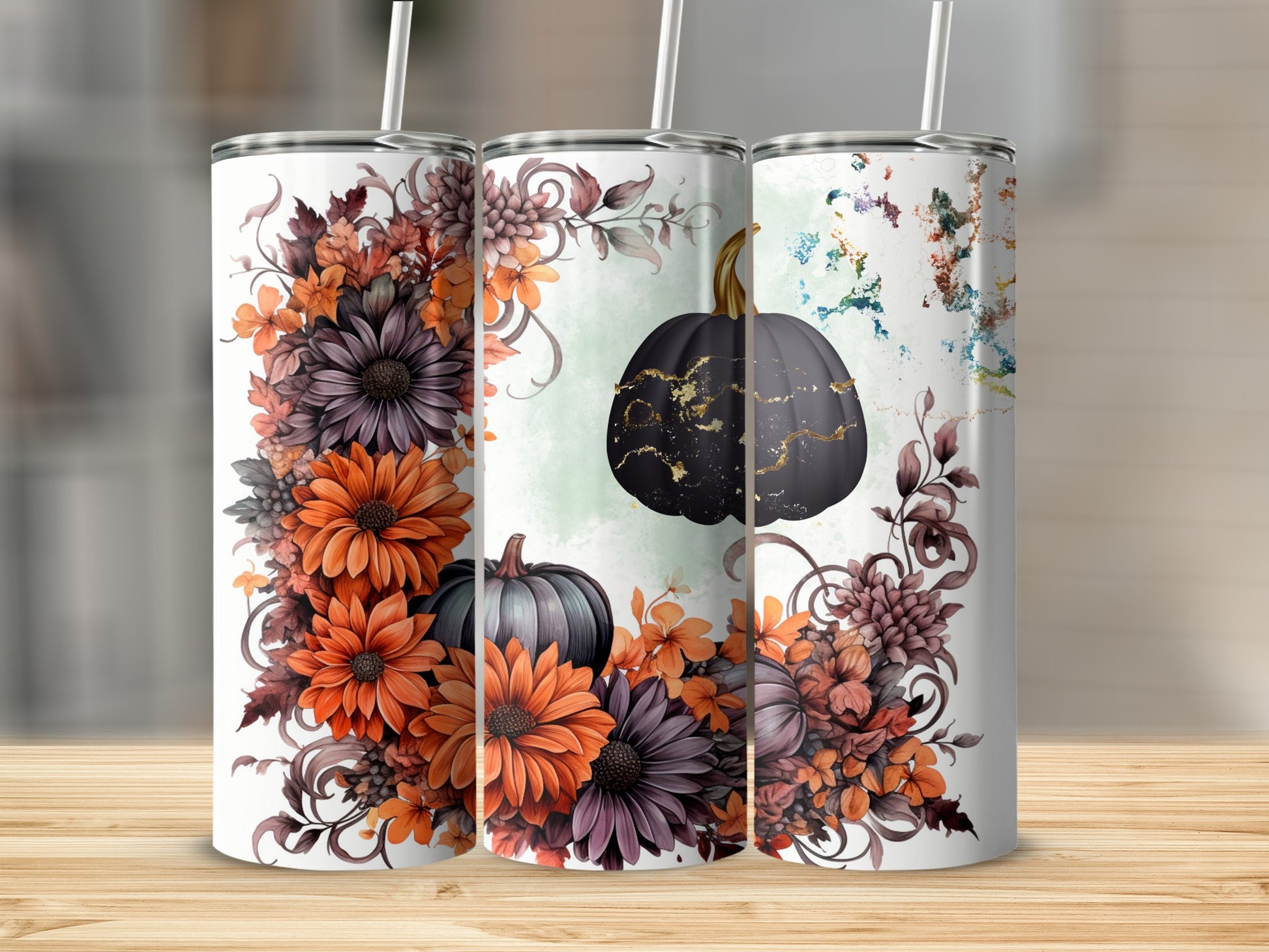 Black Pumpkin and Floral Design Tumbler Product