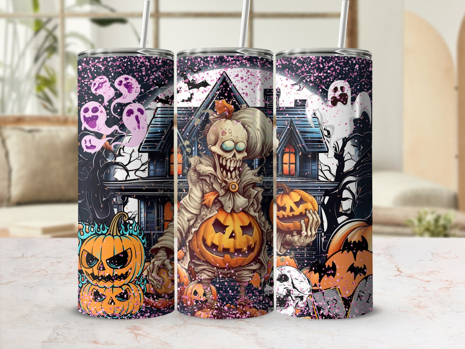 Spooky Halloween Haunted House and Pumpkin Design Tumbler
