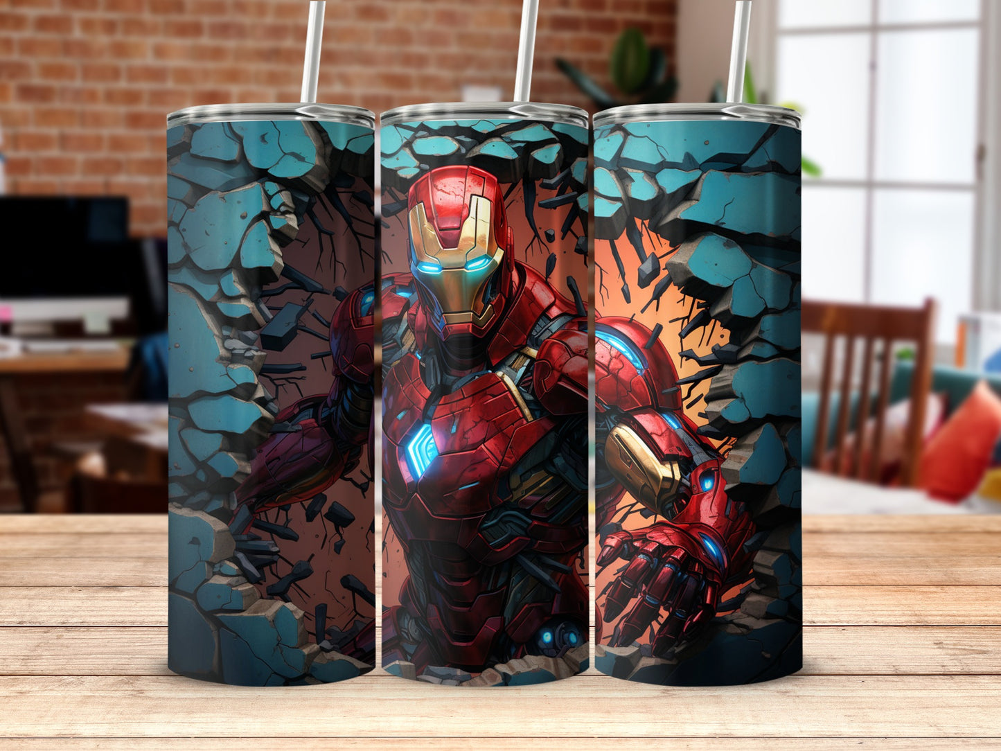 Iron Man Tumbler with Cracked Wall Background Design
