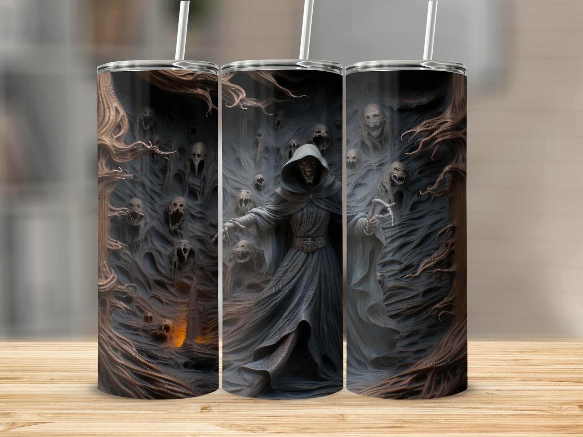 Grim reaper figure surrounded by haunting skulls and twisted branches on tumblers.