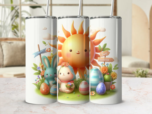 Three Easter-themed tumblers with bunnies, eggs, and a sun.