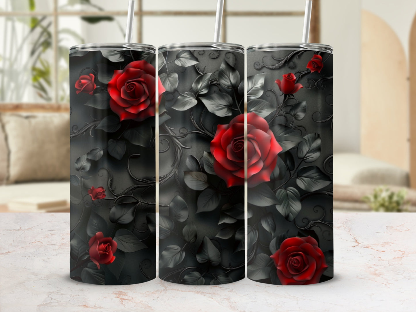 Three tumblers with a dark floral pattern featuring red roses.
