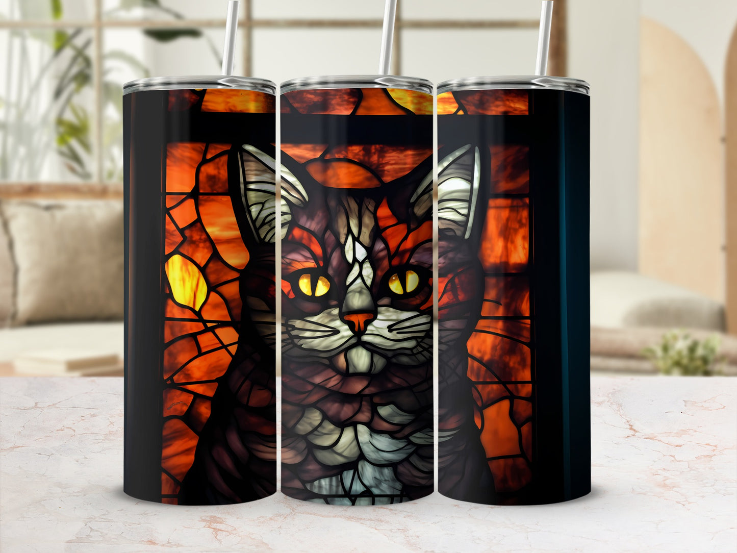 Black tumbler with stained glass cat design and straws.
