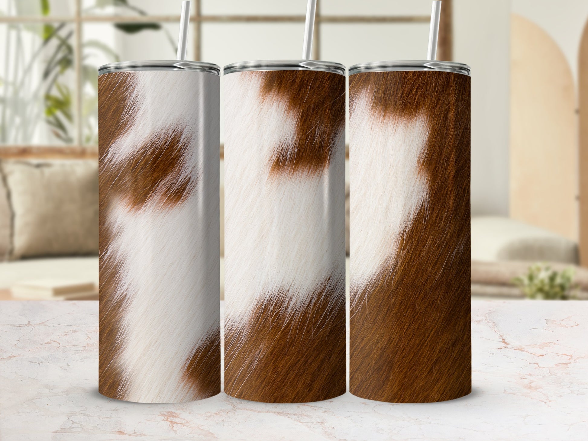 Three tumblers with a brown and white fur pattern.