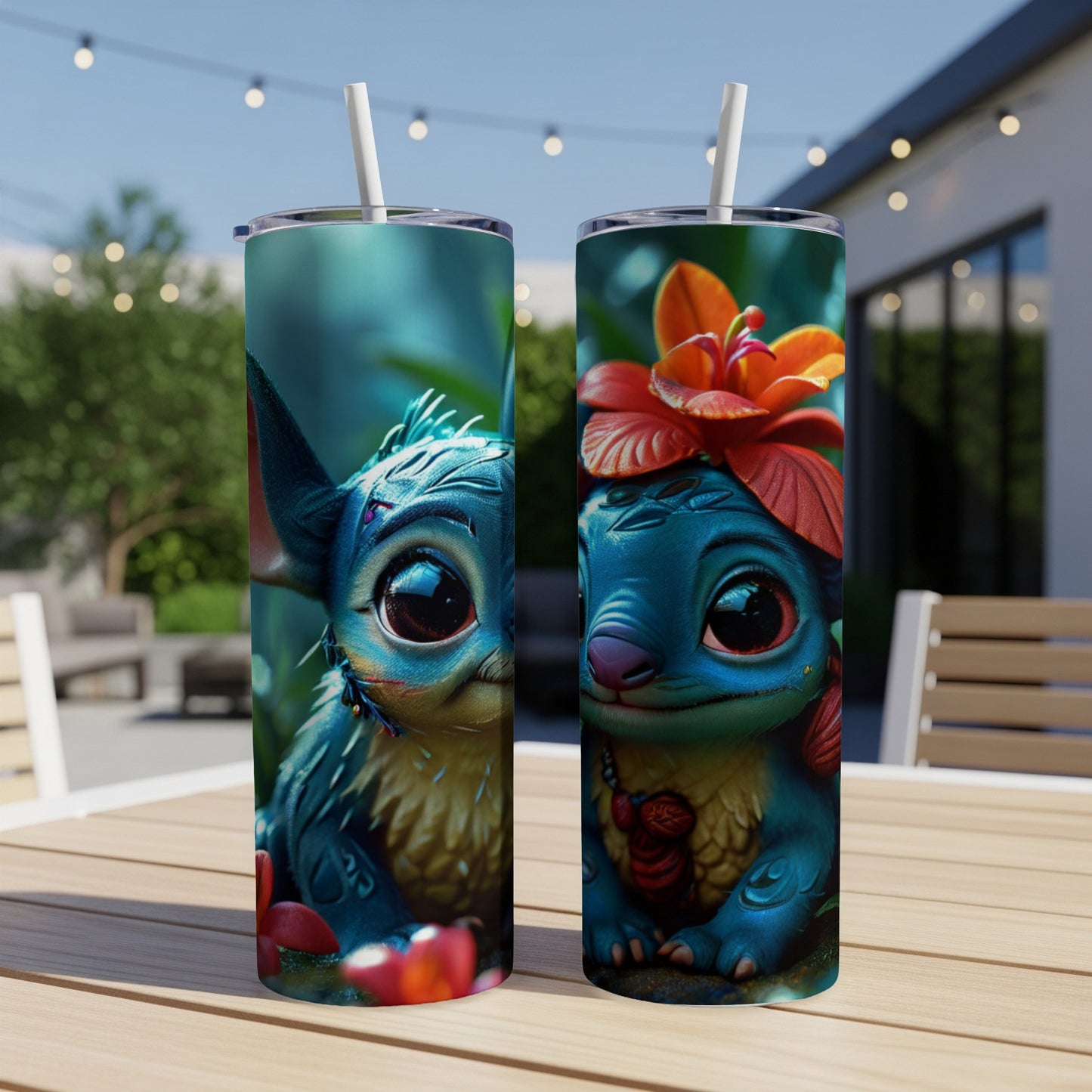 Two Stitch-themed tumblers with floral accents on a table outdoors.