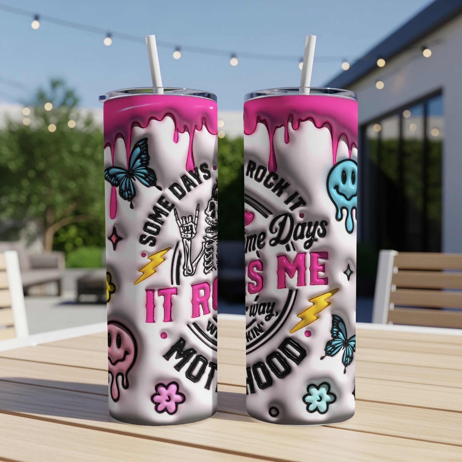 Pink drip tumbler with skeleton, butterflies, and text "It Runs Me".