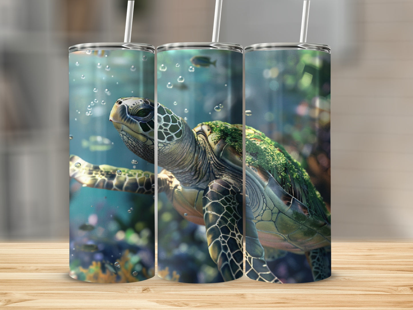 Sea turtle swimming underwater with bubbles and fish.
