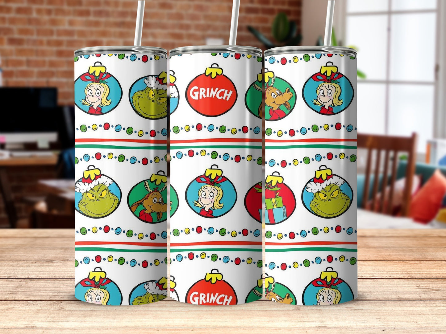 Grinch Christmas tumbler with festive Grinch and Cindy Lou Who graphics.