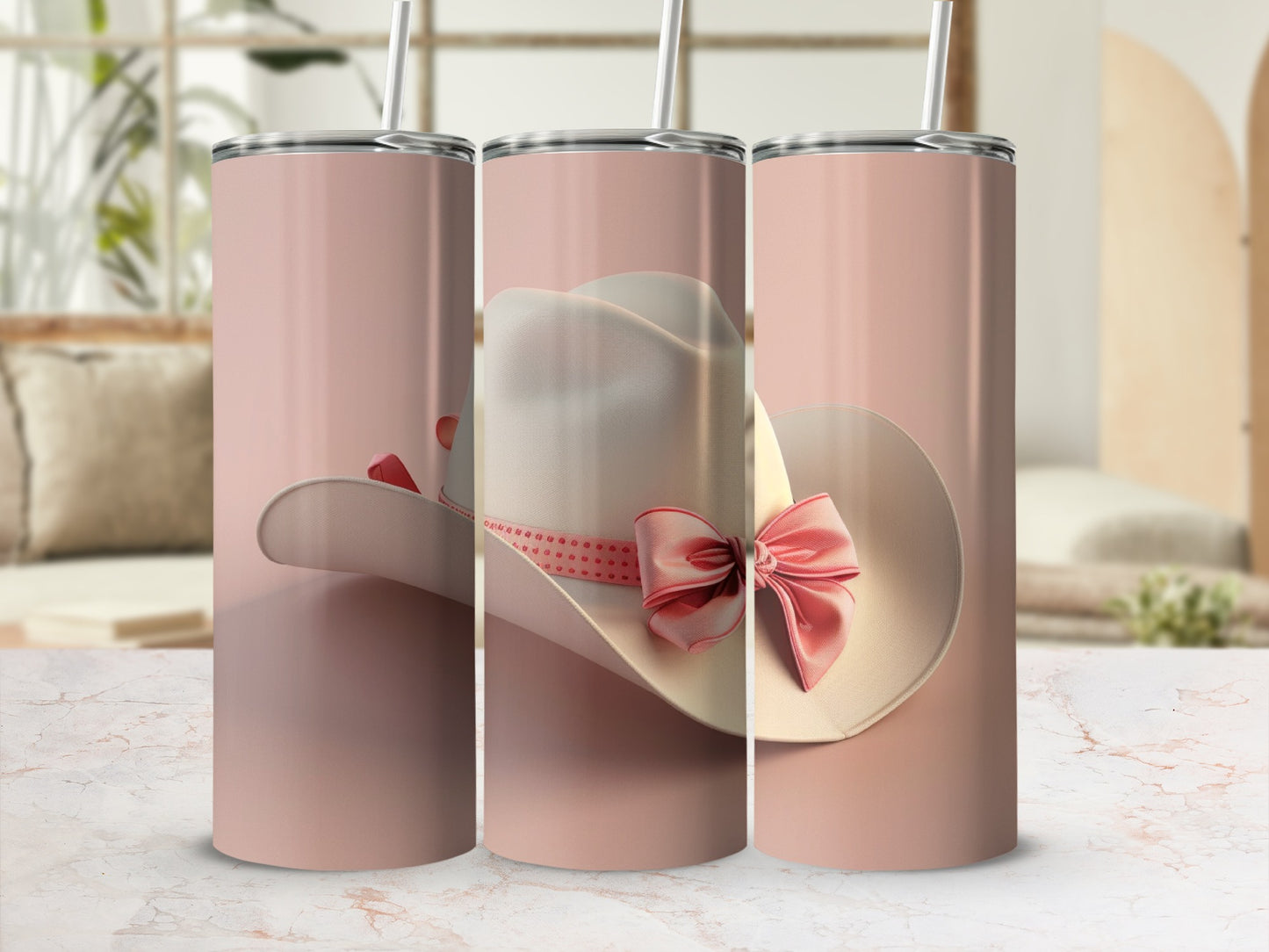 White cowboy hat with pink ribbon detail on pink background.