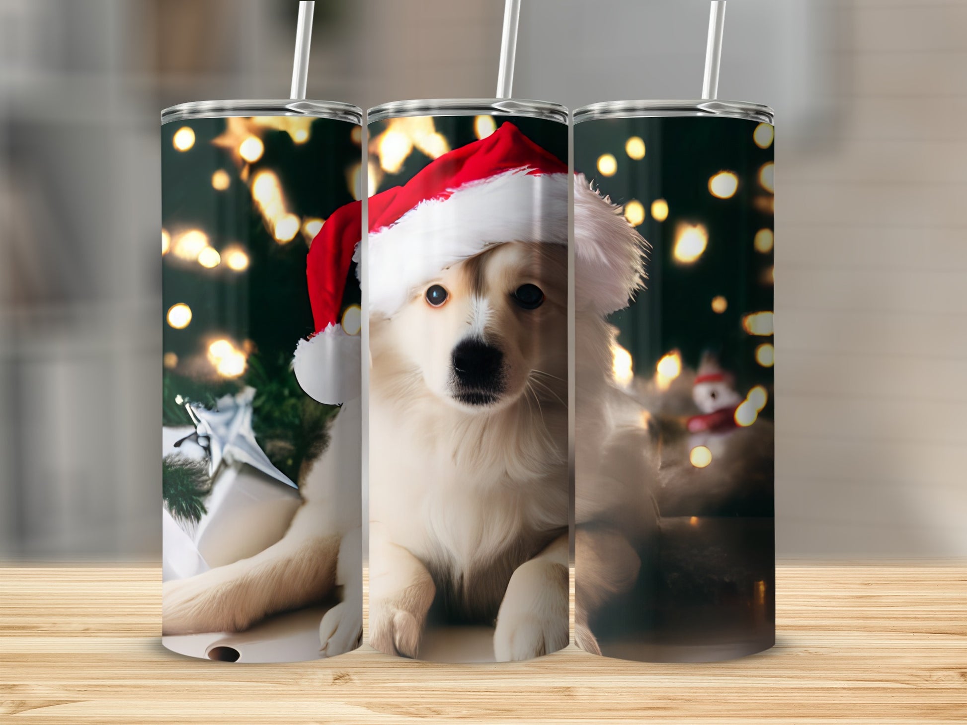 Cream-colored puppy wearing a Santa hat, with gift box and bokeh lights.