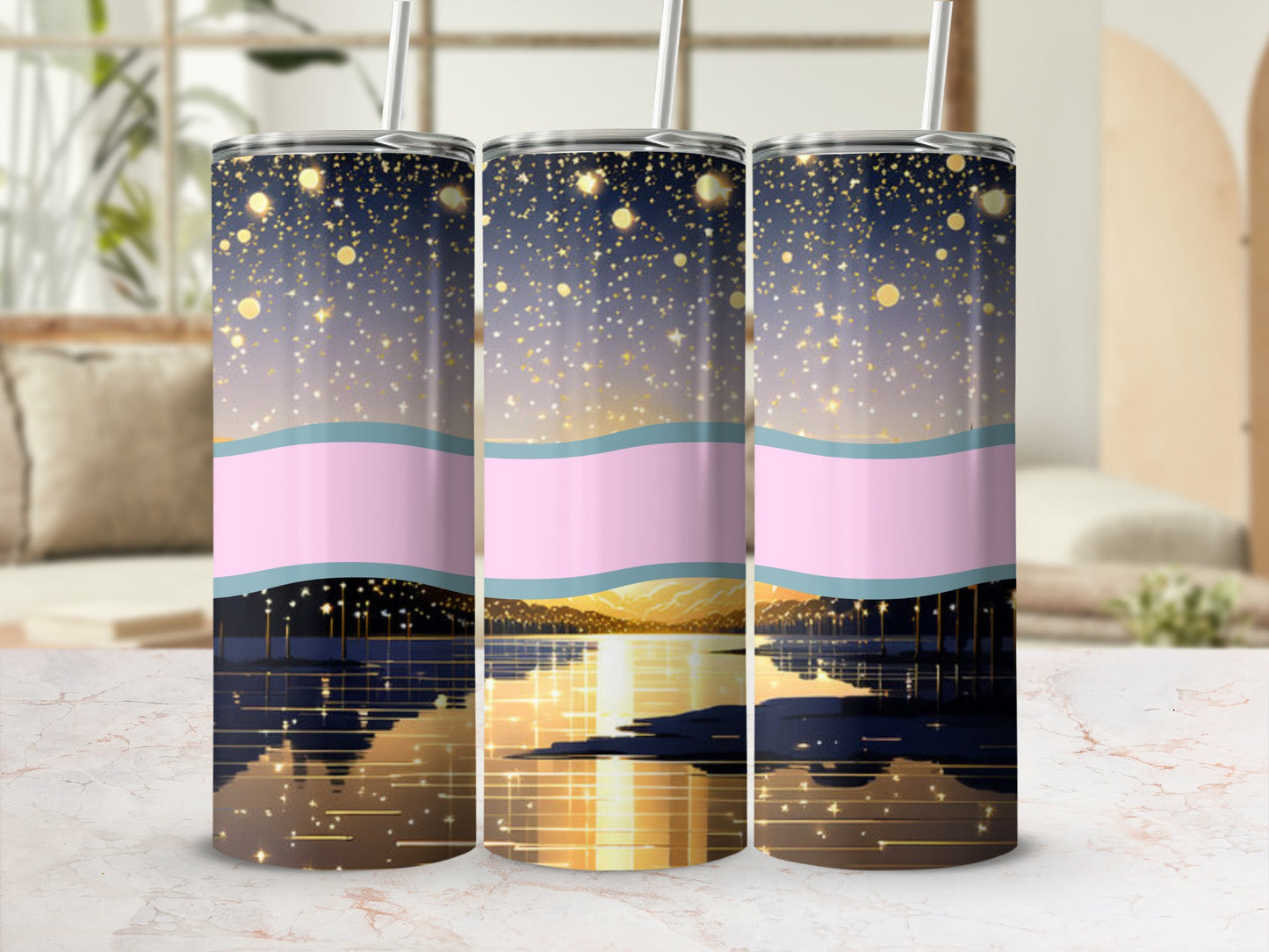 Three tumblers with a starry night and lake reflection design.