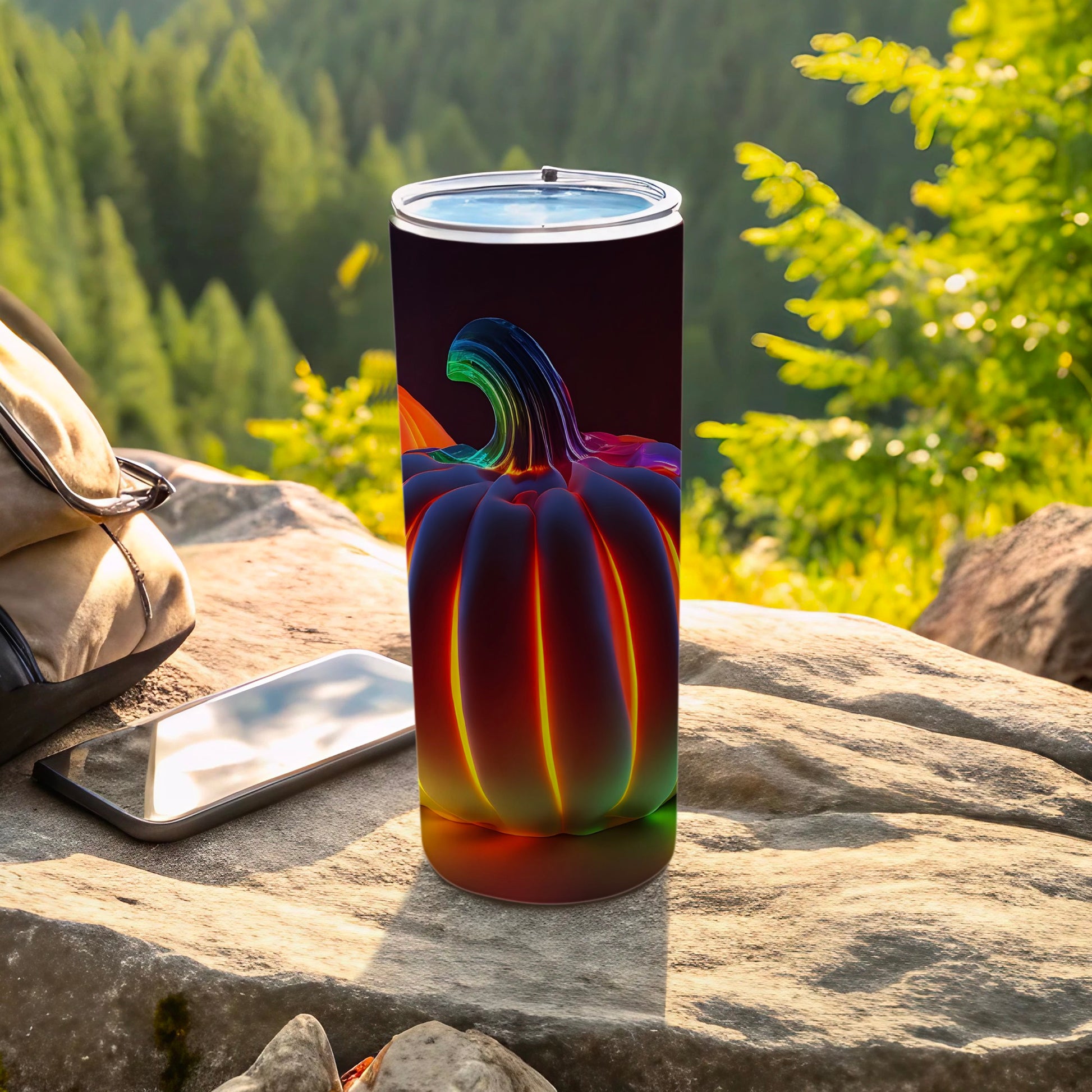 Tall tumbler with a glowing, iridescent pumpkin design outdoors on rocks.