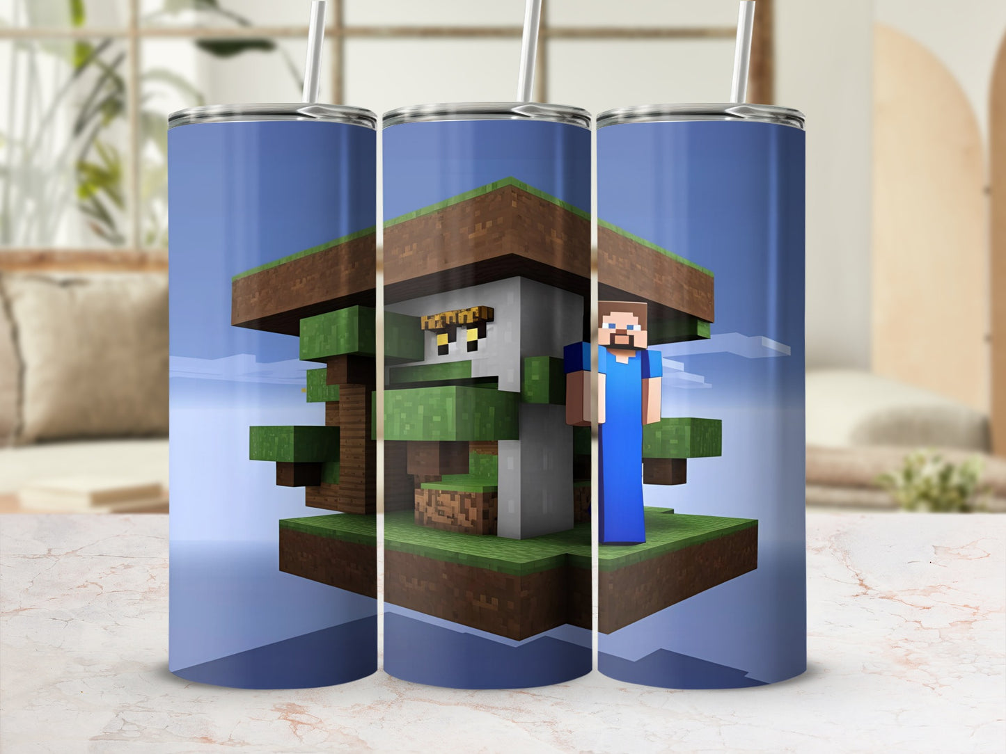 Minecraft Steve character standing on dirt block house with trees and grass.