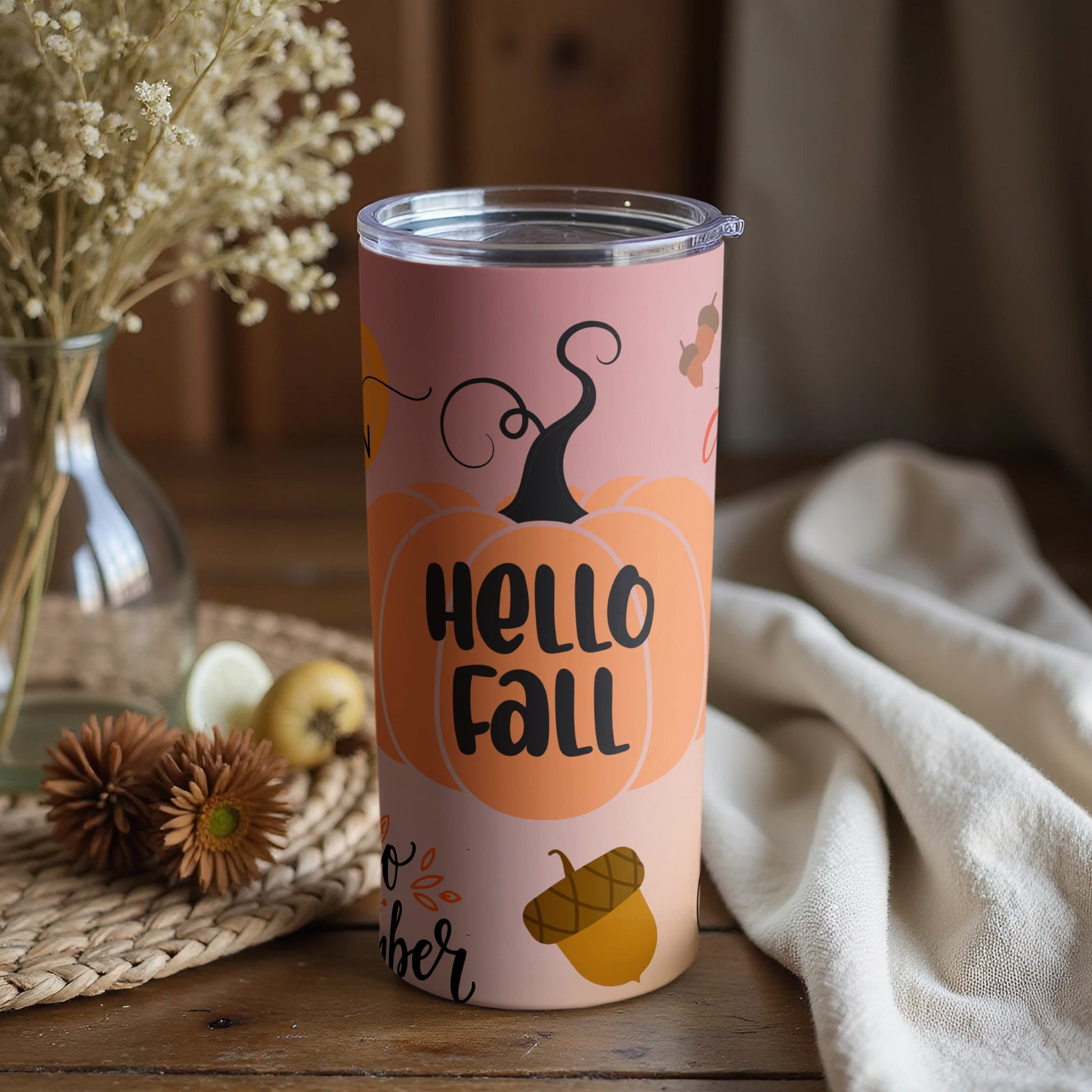 Hello Fall Pumpkin Acorn Design Tumbler
