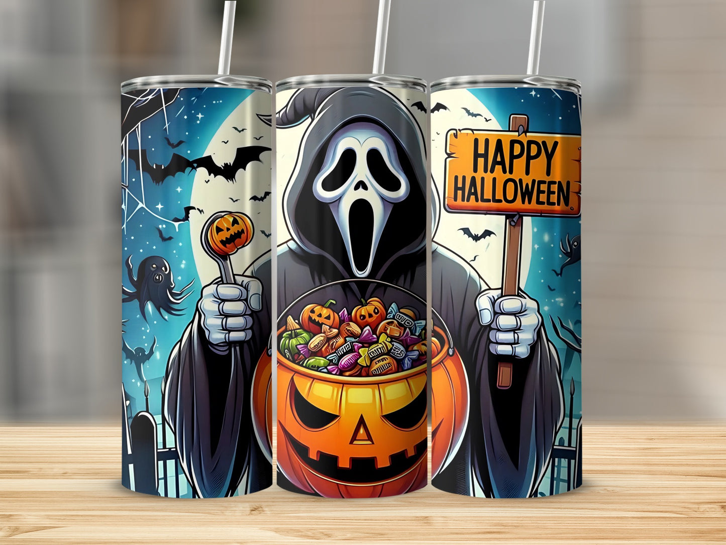 Triptych of tumblers with Grim Reaper, pumpkin candy bucket, and Happy Halloween sign.