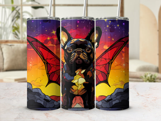French bulldog with stained glass wings against a colorful sunset sky.