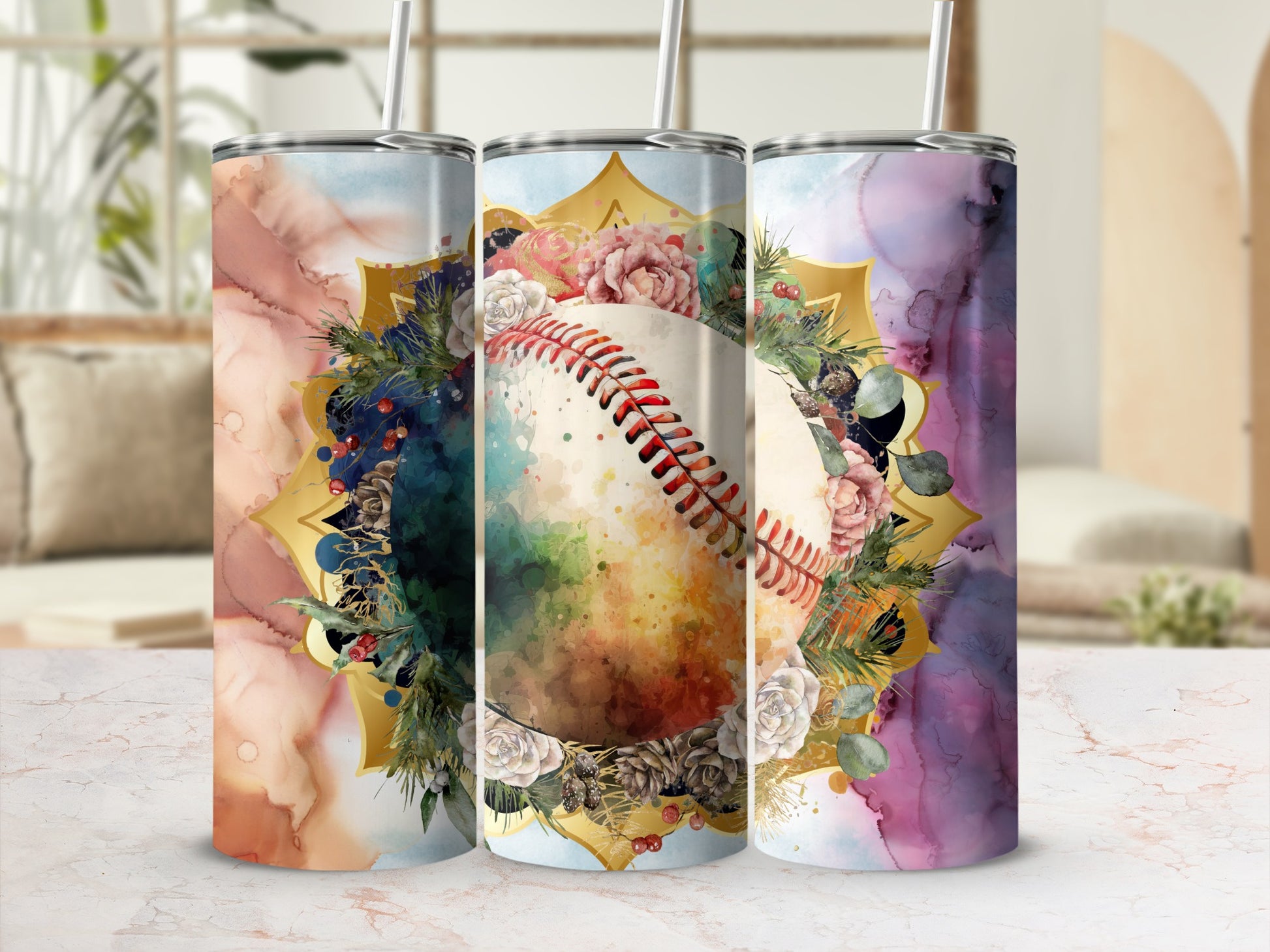 Colorful Floral Baseball Art Design Tumbler