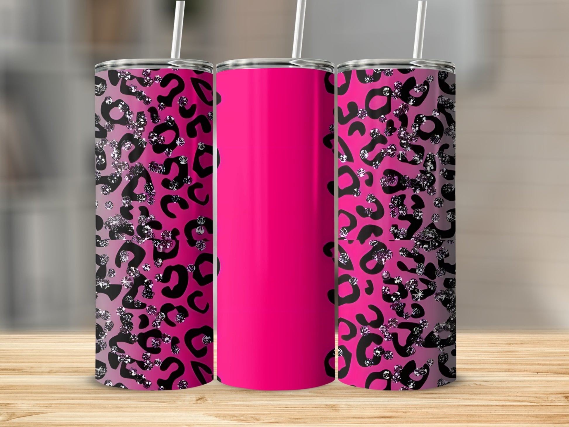 Pink leopard print tumbler with a solid pink section.