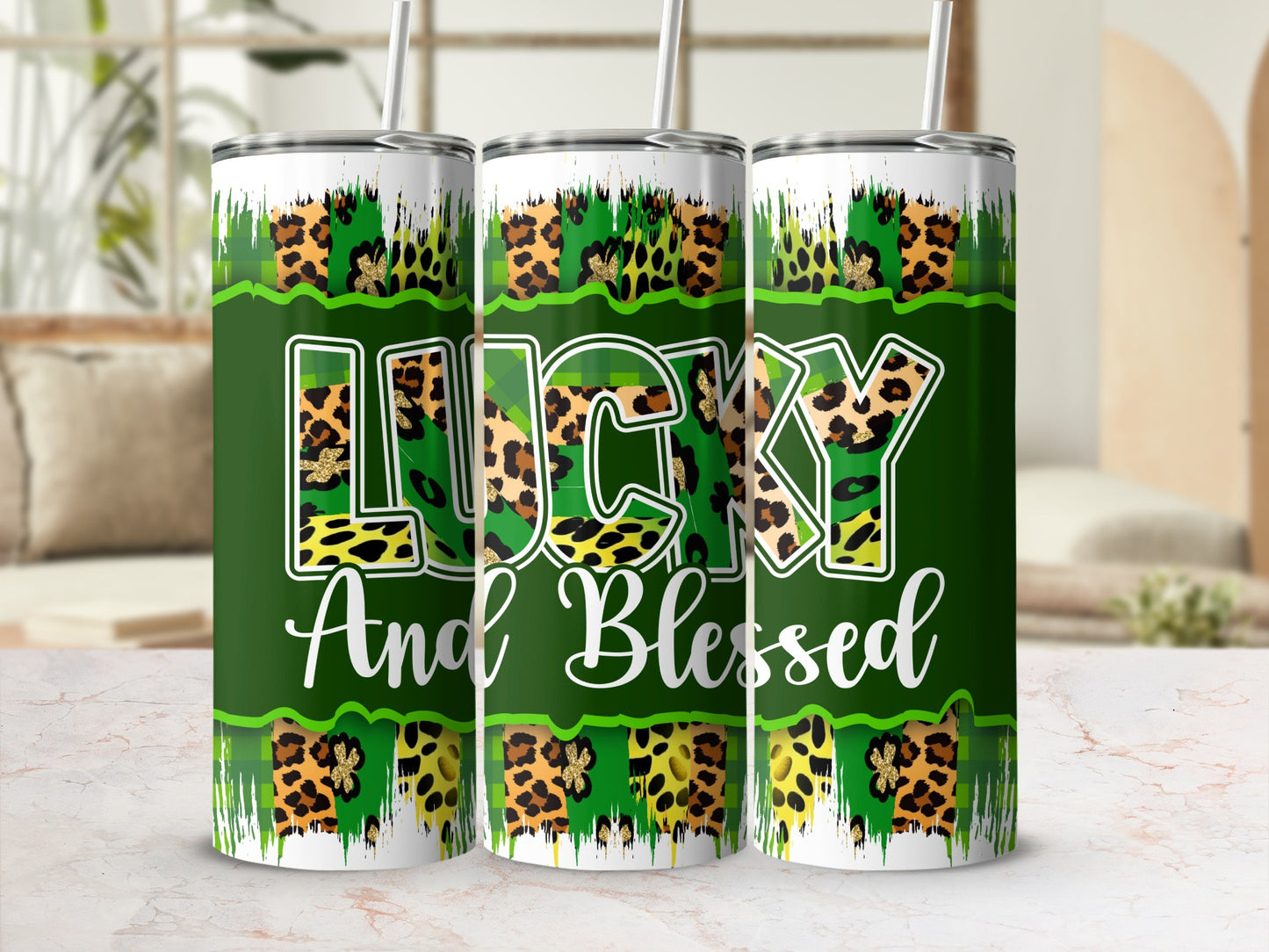 Green tumbler with "Lucky And Blessed" text and leopard print accents.