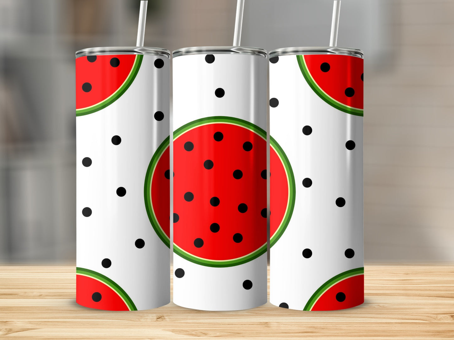 Three tumblers with a repeating red and green watermelon slice and black dot pattern.