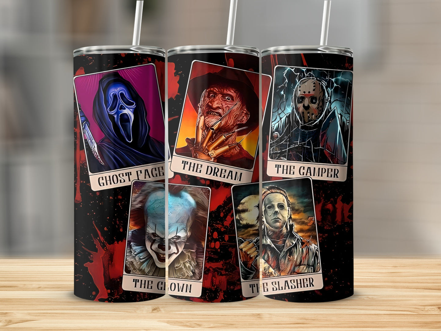 Horror movie villains: Ghost Face, Freddy, Jason, Pennywise, Michael Myers, and Leatherface.