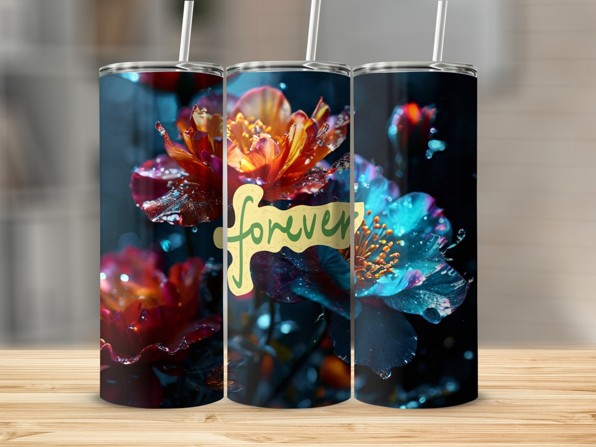 Triptych of tumblers with vibrant watercolor flowers and "Forever" text.
