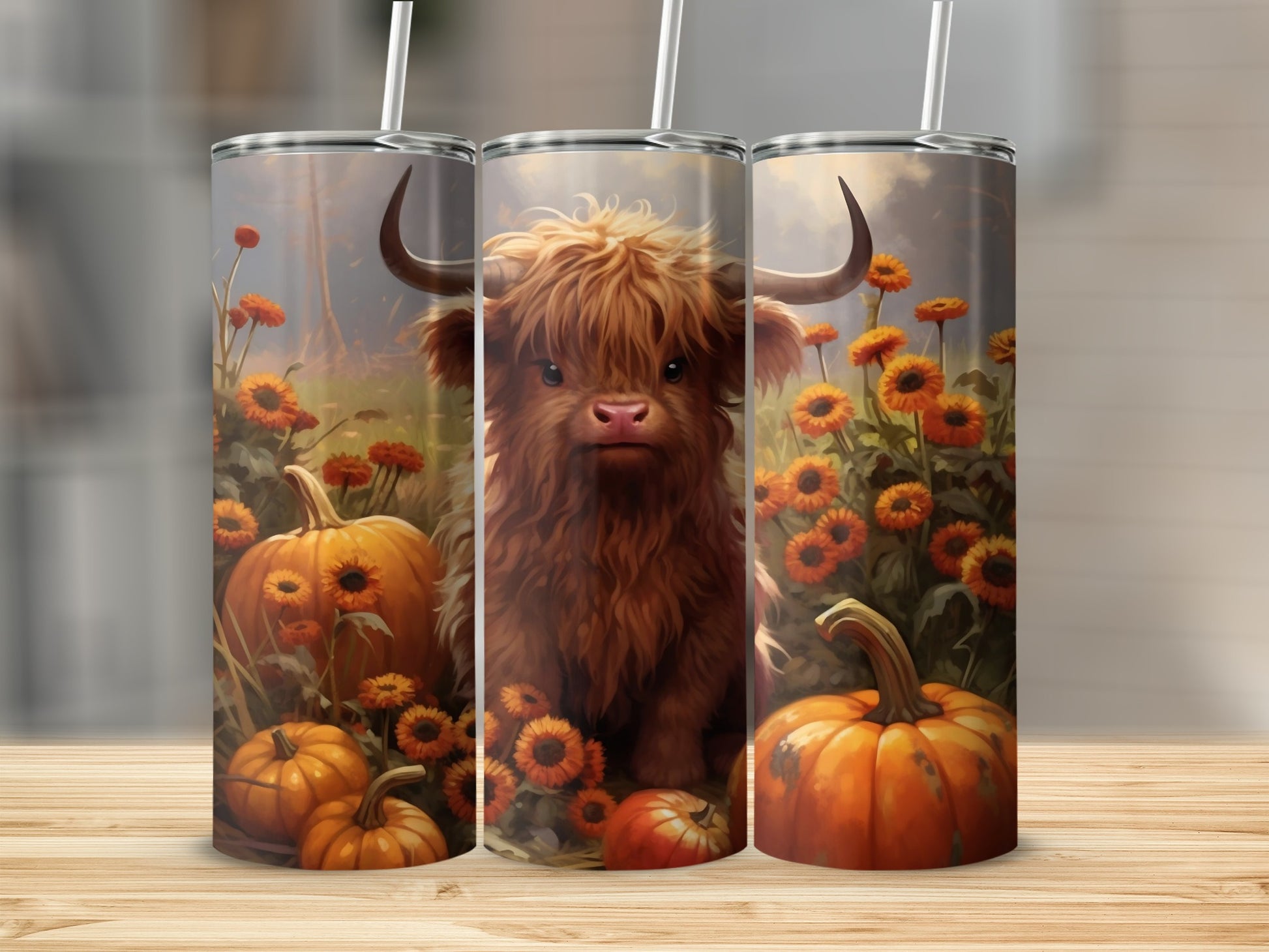 Autumn Highland Cow Tumbler with Pumpkins and Flowers