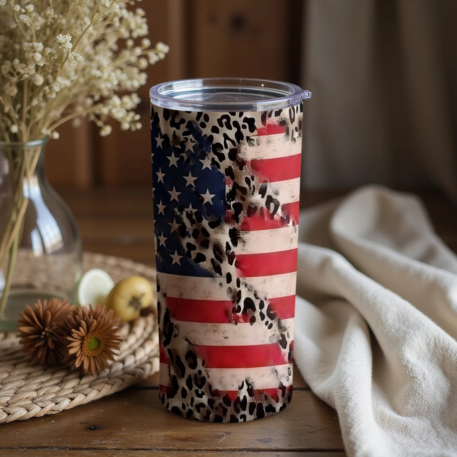 American Flag Leopard Print Tumbler with Lid Cup
