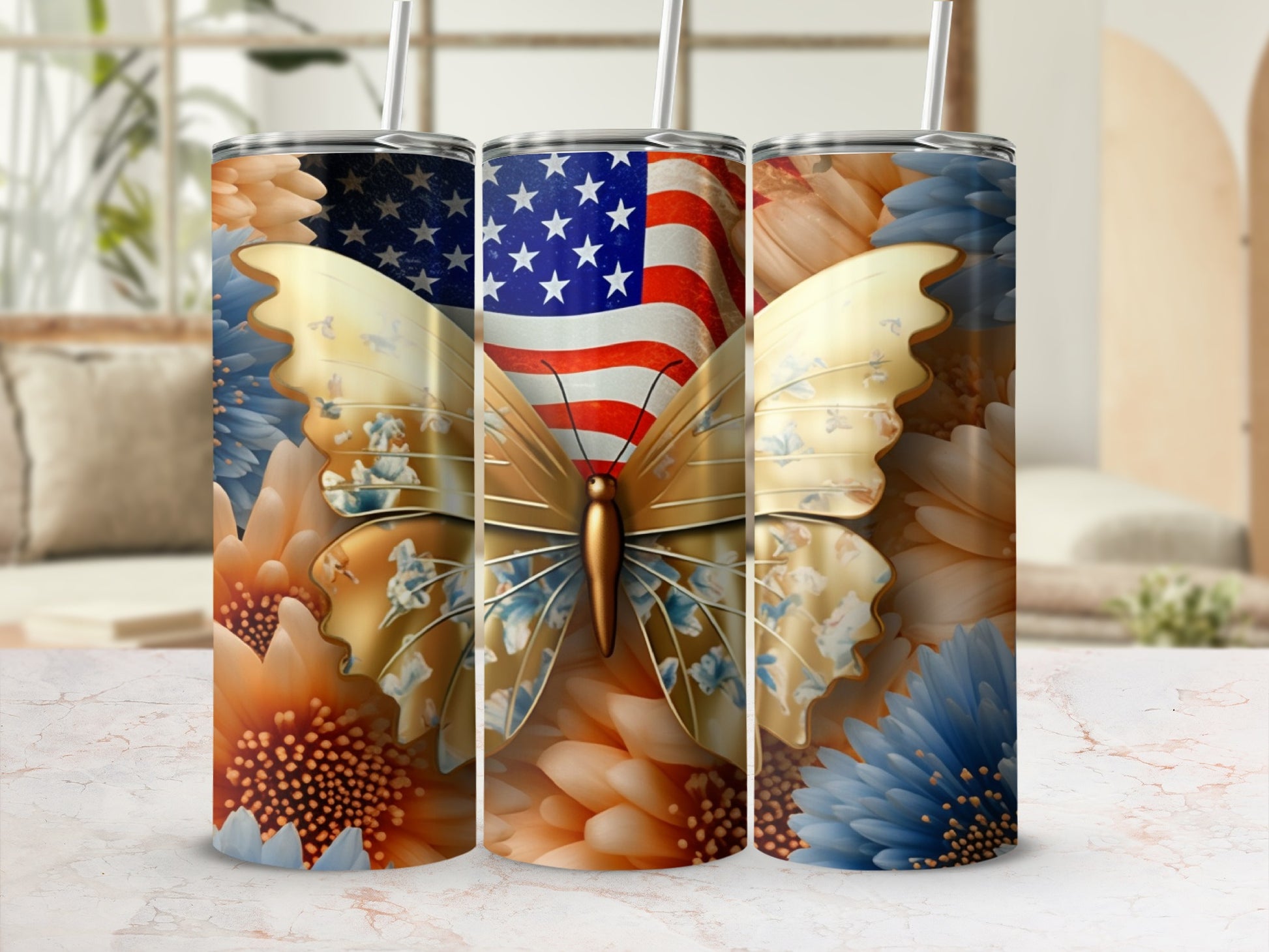 American flag butterfly among large orange and blue flowers.