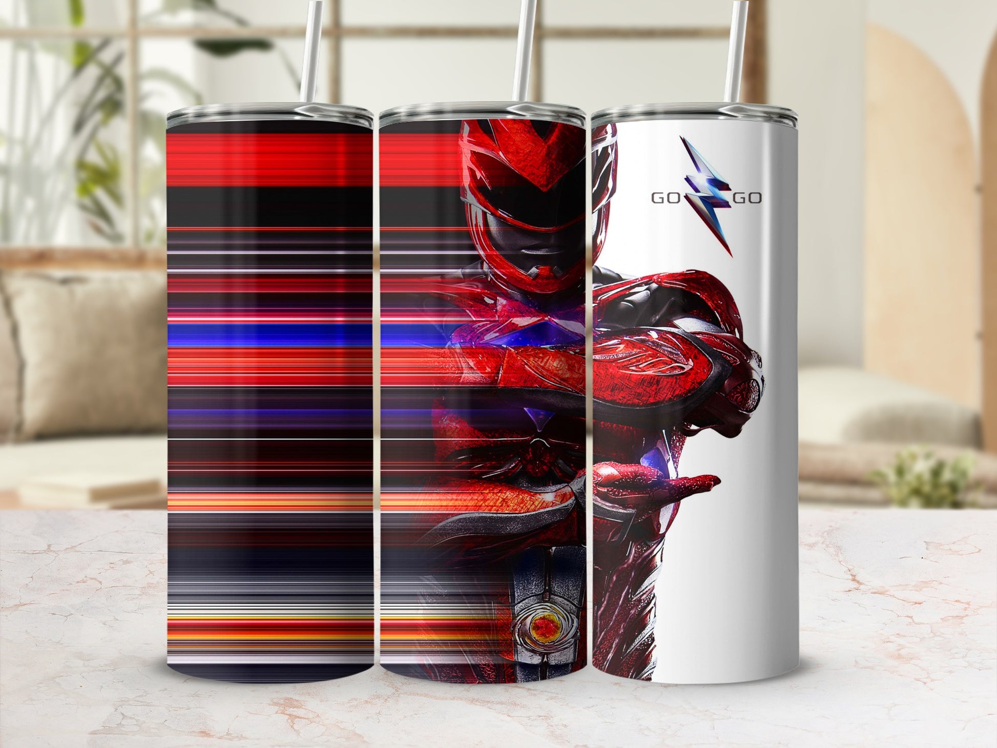 Red Power Ranger on a tumbler with abstract colorful stripes.