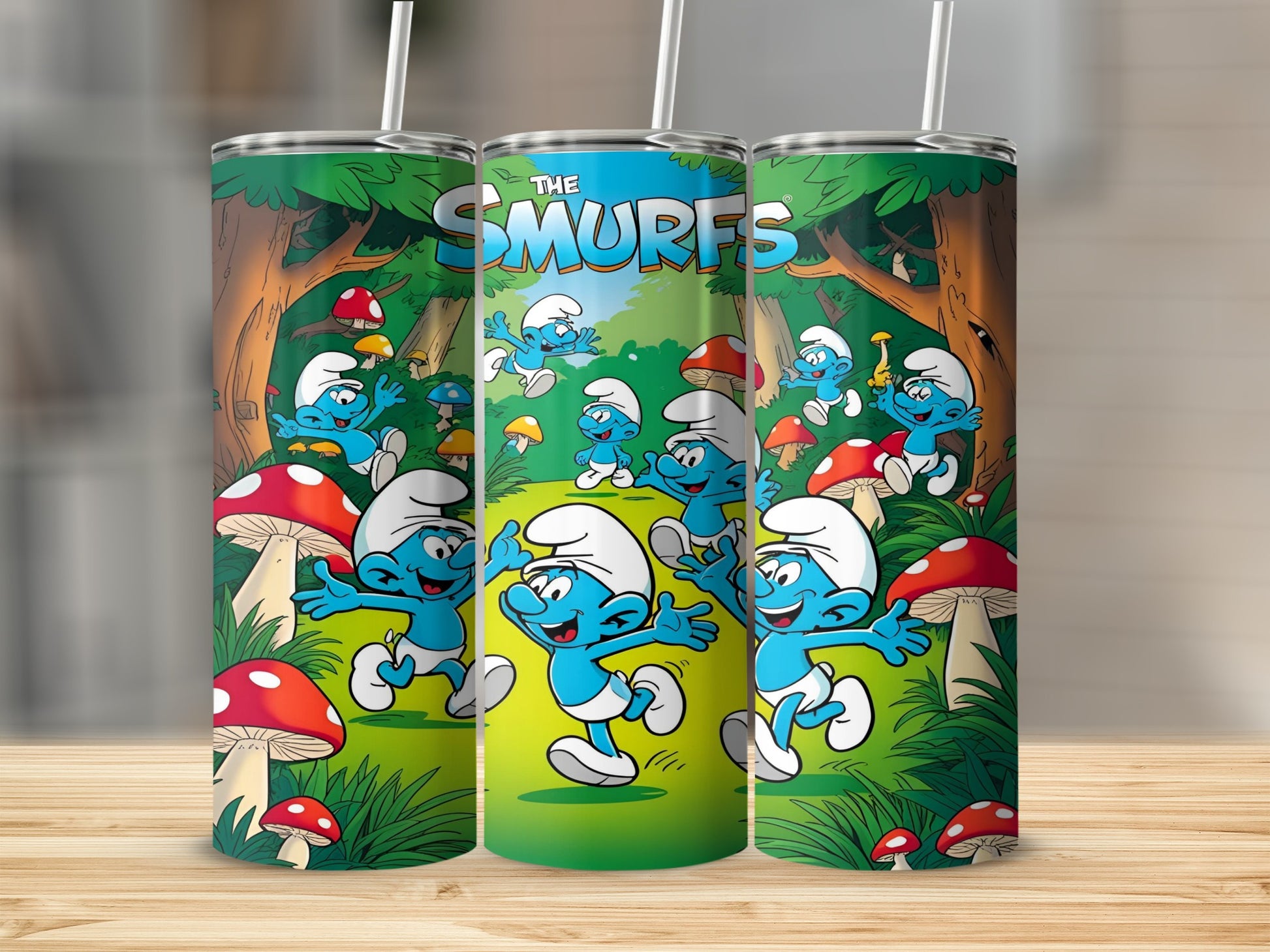 The Smurfs characters in a forest with mushrooms, printed on three tumblers.