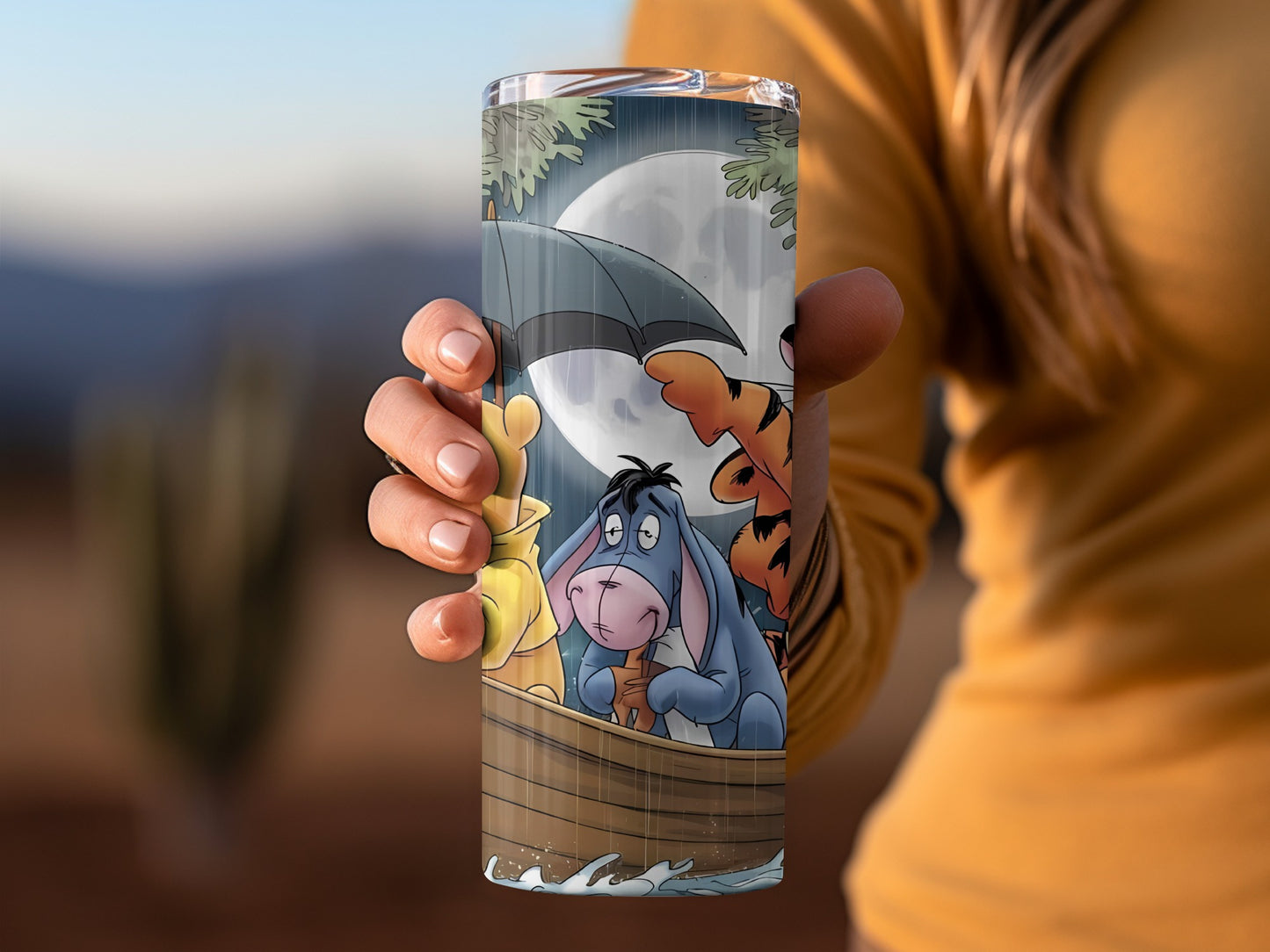Pooh Tigger Piglet Eeyore Boat Moon Rain Background Tumblers