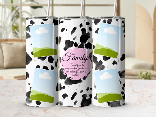 Cow print tumbler with photo placeholders and the quote "Family is the compass that guides us."