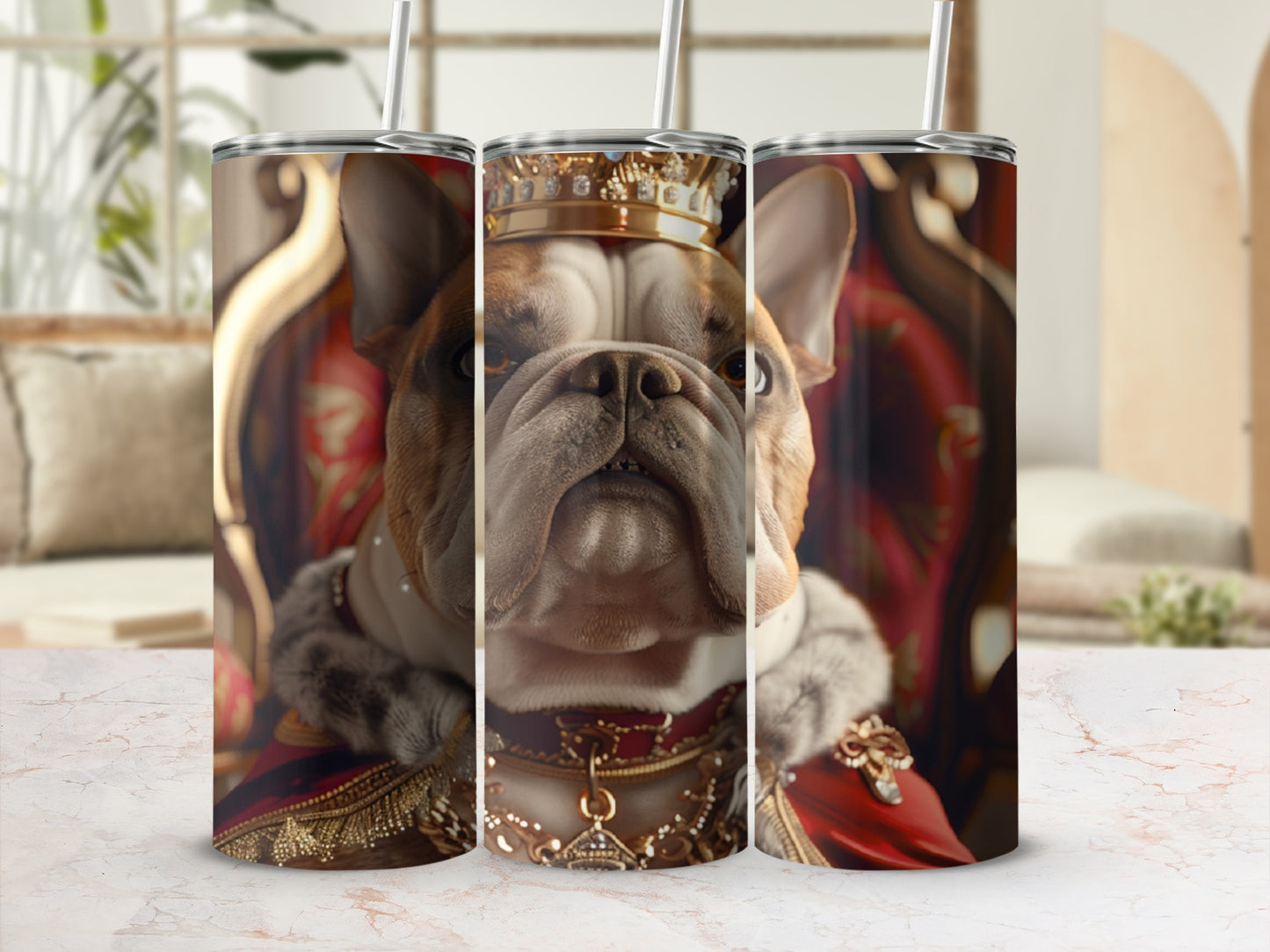 French bulldog wearing a crown and royal attire on a tumbler.