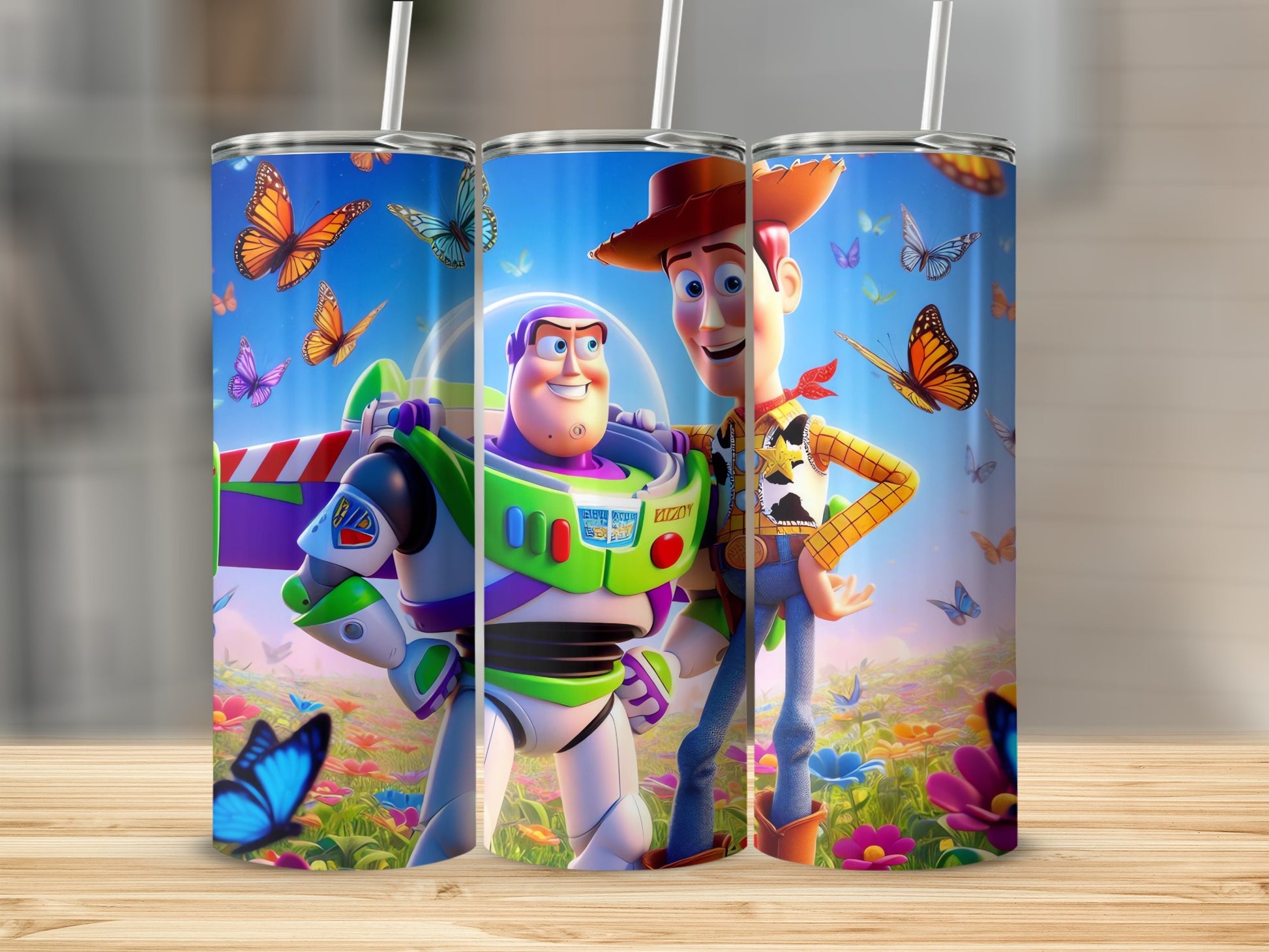 Buzz and Woody Colorful Tumblers with Butterflies