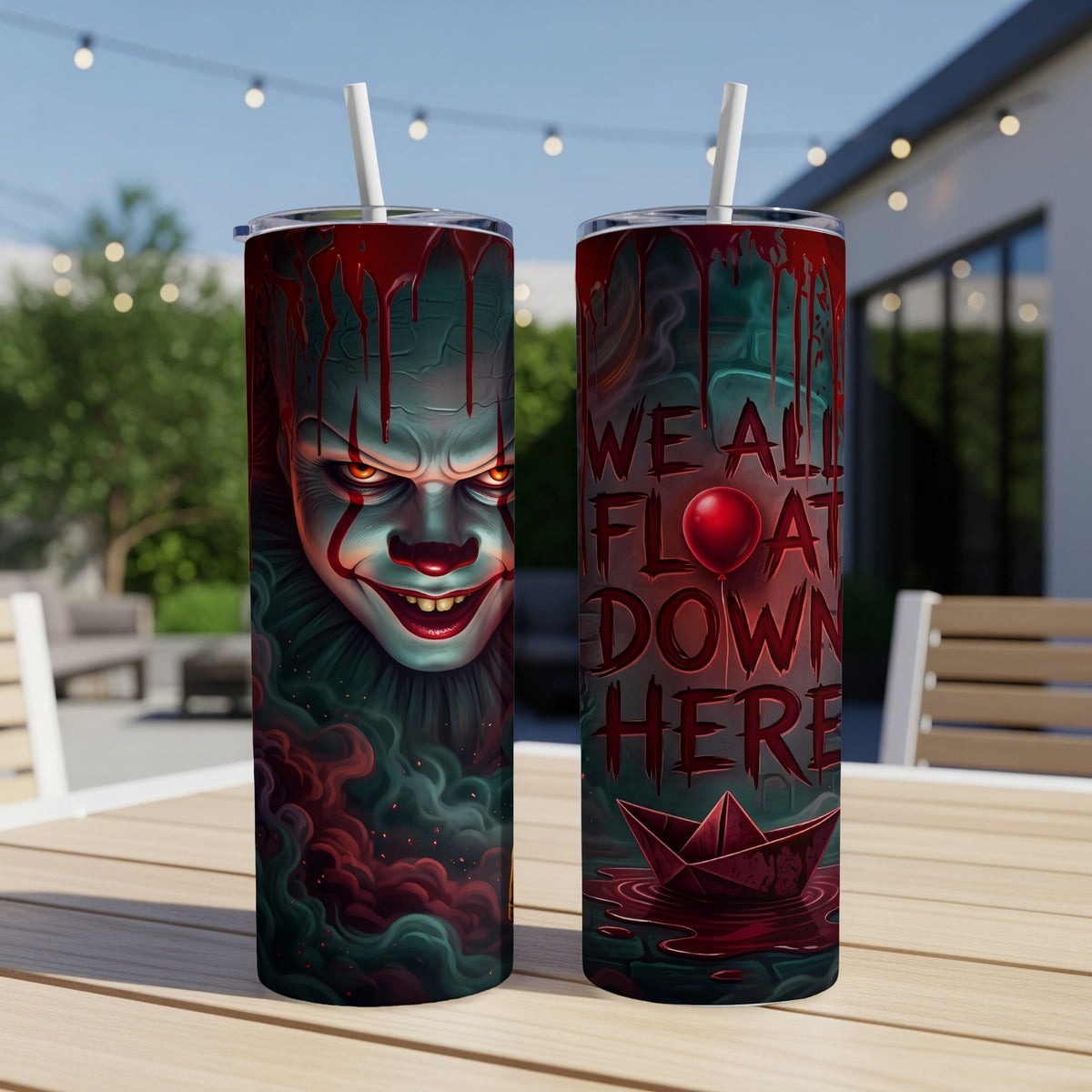 Pennywise the Clown and "We all float down here" text on two tumblers.