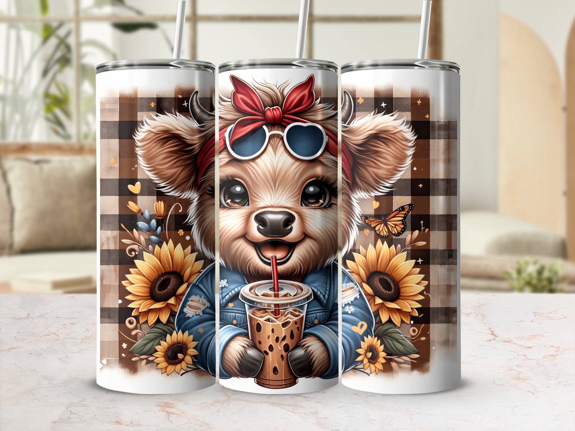 Cute cartoon cow in denim jacket with sunflowers and iced coffee.
