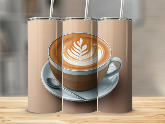 Latte art in a white mug on a saucer with a spoon, repeated three times.